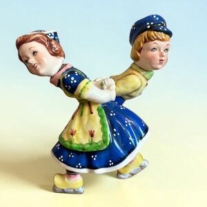 Vintage Ceramic Dutch Boy Girl Ice Skating Figurine Dual Head Cork Stoppers